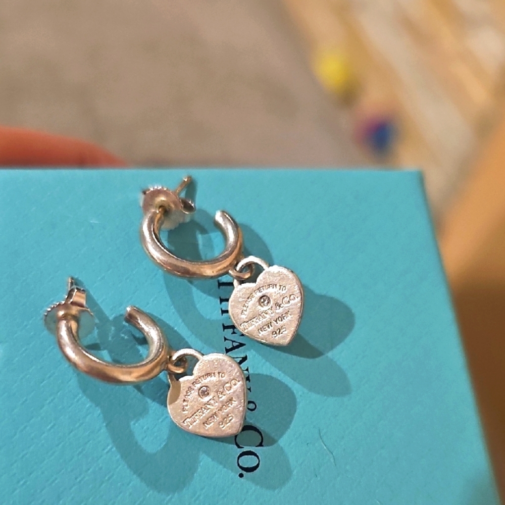 Tiffany & Co. Silver Heart Charm Hoop Earrings